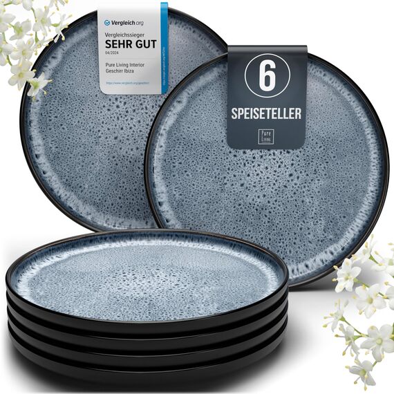Steingut Teller Groß 6 Personen Ibiza TESTSIEGER, Traumhaftes Mediterranes Steingut Speiseteller Set, Stylisches Essteller Set, Pure Living in Rauchblau