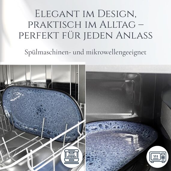 Steingut Servier Teller Groß Ibiza TESTSIEGER, Traumhafte Mediterrane Steingut Servierplatte, Serving Plate Oval, Servierteller Groß - Pure Living in Rauchblau