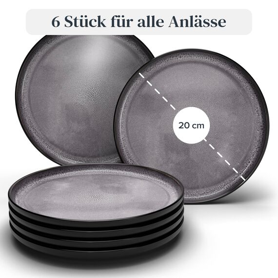 Steingut Frühstücksteller 6 Personen Ibiza TESTSIEGER, Traumhaftes Mediterranes Steingut Dessertteller Set, Kleine Teller, Salatteller - Pure Living in Grau