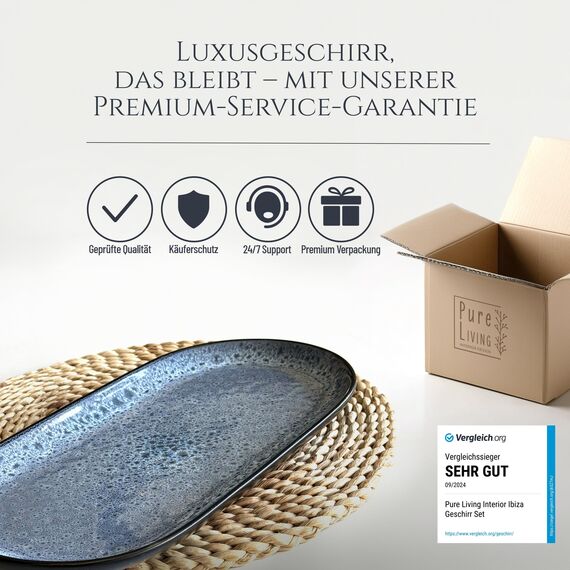 Steingut Servier Teller Groß Ibiza TESTSIEGER, Traumhafte Mediterrane Steingut Servierplatte, Serving Plate Oval, Servierteller Groß - Pure Living in Rauchblau