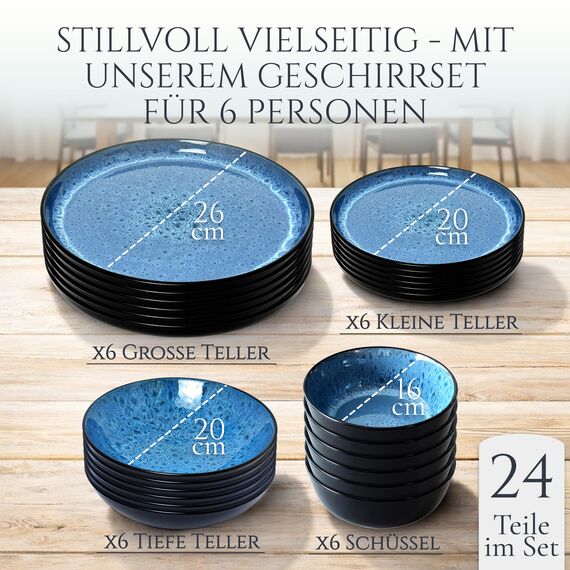 Steingut Geschirrset 6 Personen Ibiza 24 tlg. TESTSIEGER, Traumhaftes Mediterranes Steingut Geschirr Set, Schüssel- und Teller Set, Tafelservice 6 Personen, Geschirrsets Pure Living in Tiefblau