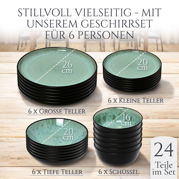 Steingut Geschirrset 6 Personen Ibiza 24 tlg. TESTSIEGER, Traumhaftes Mediterranes Steingut Geschirr Set, Schüssel- und Teller Set, Tafelservice 6 Personen, Geschirrsets Pure Living in Salbeigrün