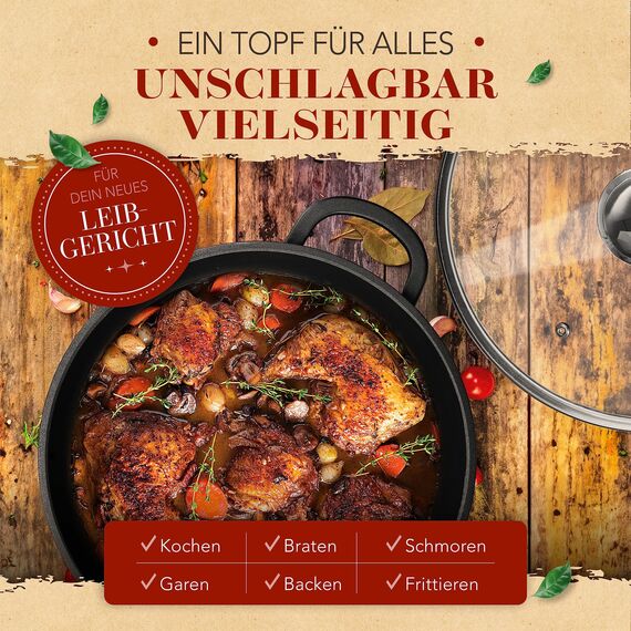 KRUSTENZAUBER 28cm Aluguss Bräter mit Deckel backofengeeignet [inkl. Glasdeckel] - 6L Aluminium Schmortopf & Bratpfanne - Idealer Bräter Induktion, Schmorpfanne, Bratentopf, Gussbräter, Kasserolle