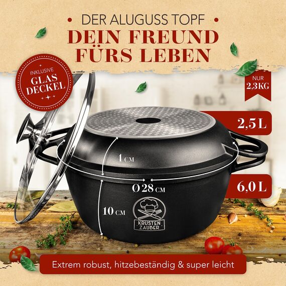 KRUSTENZAUBER 28cm Aluguss Bräter mit Deckel backofengeeignet [inkl. Glasdeckel] - 6L Aluminium Schmortopf & Bratpfanne - Idealer Bräter Induktion, Schmorpfanne, Bratentopf, Gussbräter, Kasserolle