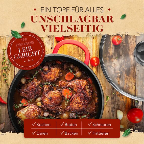 KRUSTENZAUBER 24cm Aluguss Bräter mit Deckel backofengeeignet [inkl. Glasdeckel] - 4L Aluminium Schmortopf & Bratpfanne - Idealer Bräter Induktion, Schmorpfanne, Bratentopf, Gussbräter, Kasserolle