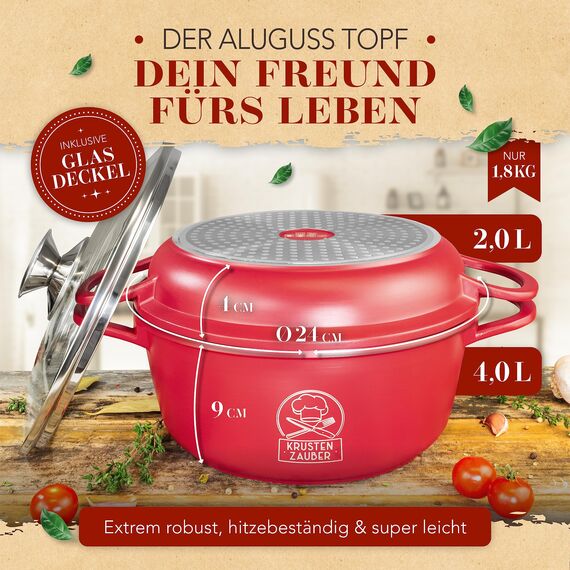 KRUSTENZAUBER 24cm Aluguss Bräter mit Deckel backofengeeignet [inkl. Glasdeckel] - 4L Aluminium Schmortopf & Bratpfanne - Idealer Bräter Induktion, Schmorpfanne, Bratentopf, Gussbräter, Kasserolle
