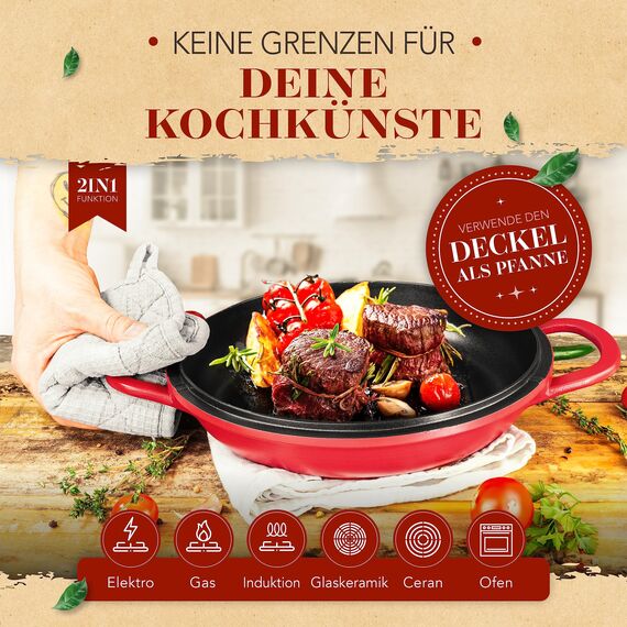 KRUSTENZAUBER 24cm Aluguss Bräter mit Deckel backofengeeignet [inkl. Glasdeckel] - 4L Aluminium Schmortopf & Bratpfanne - Idealer Bräter Induktion, Schmorpfanne, Bratentopf, Gussbräter, Kasserolle