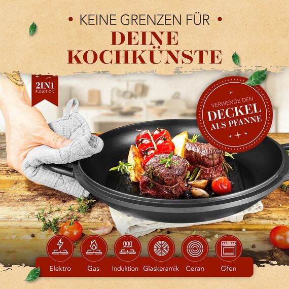 KRUSTENZAUBER 28cm Aluguss Bräter mit Deckel backofengeeignet [inkl. Glasdeckel] - 6L Aluminium Schmortopf & Bratpfanne - Idealer Bräter Induktion, Schmorpfanne, Bratentopf, Gussbräter, Kasserolle