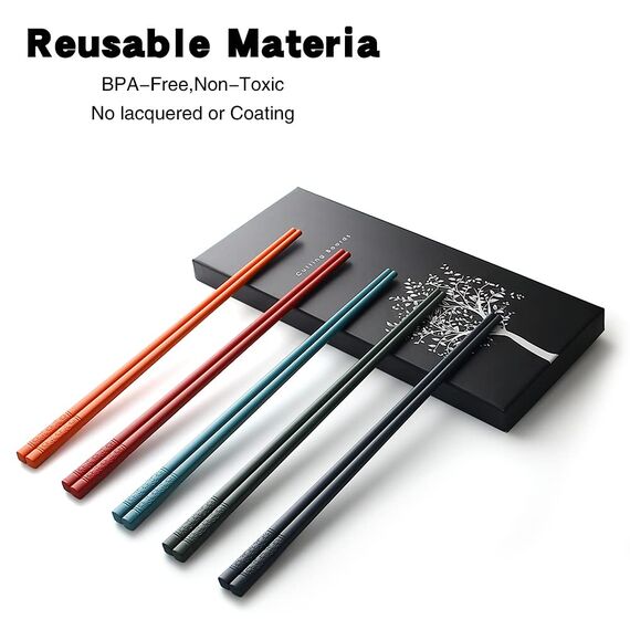 AOOSY Wiederverwendbare Essstäbchen aus Fiberglas, mehrfarbig, chinesische Essstäbchen, spülmaschinenfest, 5 Paar japanische Essstäbchen, Geschenk-Set, 24 cm (5 Farben)