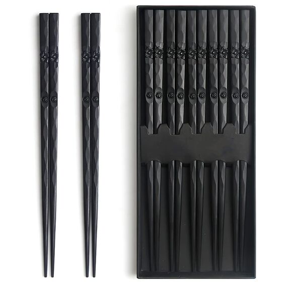 AOOSY 5 Paar Essstäbchen aus Fiberglas, spülmaschinenfest, japanischer Stil, schönes Design, rutschfeste schwarze Sushi-Essstäbchen, schwarze Legierung, mit Geschenkbox