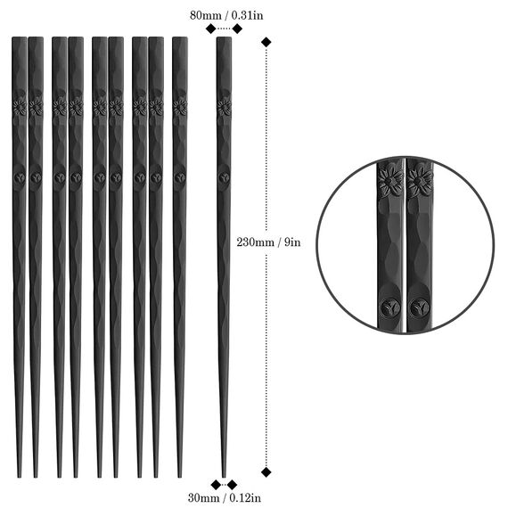 AOOSY 5 Paar Essstäbchen aus Fiberglas, spülmaschinenfest, japanischer Stil, schönes Design, rutschfeste schwarze Sushi-Essstäbchen, schwarze Legierung, mit Geschenkbox
