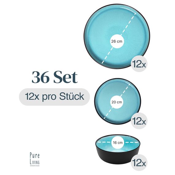 Steingut Geschirrset 12 Personen Ibiza 36 tlg. TESTSIEGER, Traumhaftes Mediterranes Steingut Geschirr Set, Schüssel- und Teller Set, Tafelservice 12 Personen, Geschirrsets Pure Living in Aquamarin