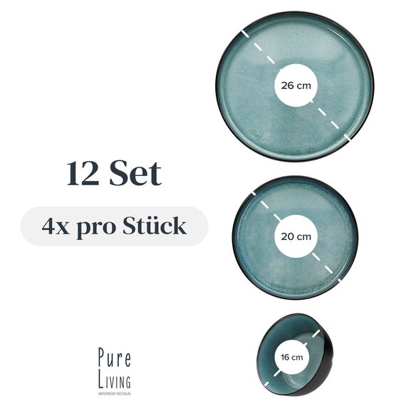 Steingut Geschirrset 4 Personen Ibiza 12 tlg. TESTSIEGER, Traumhaftes Mediterranes Steingut Geschirr Set, Schüssel- und Teller Set, Tafelservice 4 Personen, Geschirrsets Pure Living in Petrol