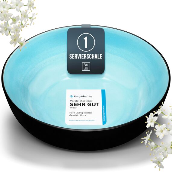 Steingut Servierschüssel Ibiza TESTSIEGER, Traumhafte Mediterrane Salatschüssel, Servierschale - Bowl Schüssel Groß, Salatschale - Pure Living in Aquamarin