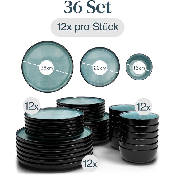 Steingut Geschirrset 12 Personen Ibiza 36 tlg. TESTSIEGER, Traumhaftes Mediterranes Steingut Geschirr Set, Schüssel- und Teller Set, Tafelservice 12 Personen, Geschirrsets Pure Living in Petrol
