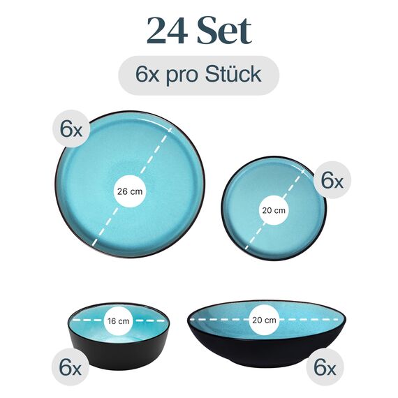 Steingut Geschirrset 6 Personen Ibiza 24 tlg. TESTSIEGER, Traumhaftes Mediterranes Steingut Geschirr Set, Schüssel- und Teller Set, Tafelservice 6 Personen, Geschirrsets Pure Living in Aquamarin