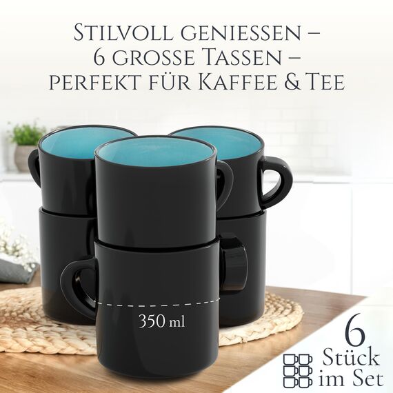 Steingut kleine Tassen 6 Pers. Ibiza Hochwertiges Mediterranes TEST SEHR GUT Tassen Set, Spülmaschinen-, Mikrowellen- und Kratzfest - Stylisches Tee- und Kaffeebecher Set - Pure Living in Aquamarin