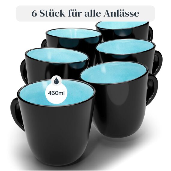 Steingut Kaffeetassen 6 Pers. Ibiza Hochwertiges Mediterranes TEST SEHR GUT Tassen Set, Spülmaschinen-, Mikrowellen- und Kratzfest - Stylisches Tee- und Kaffeebecher Set - Pure Living in Aquamarin