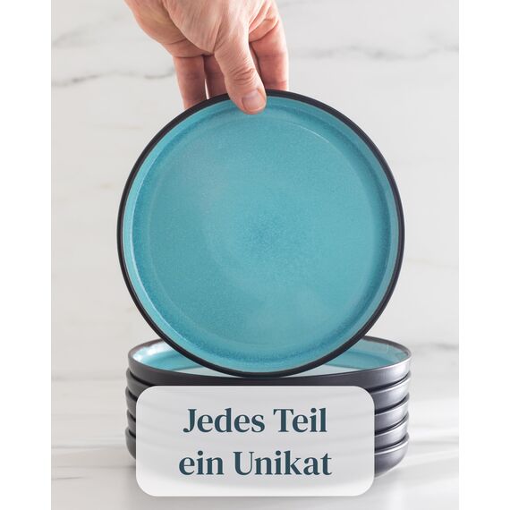 Steingut Suppenteller 6 Pers. Ibiza Hochwertiges Mediterranes TEST SEHR GUT Steingut Tiefe Teller Set - Kratzfest, Für Spülmaschine, Mikrowelle - Pasta Teller Tief Groß - Pure Living in Aquamarin