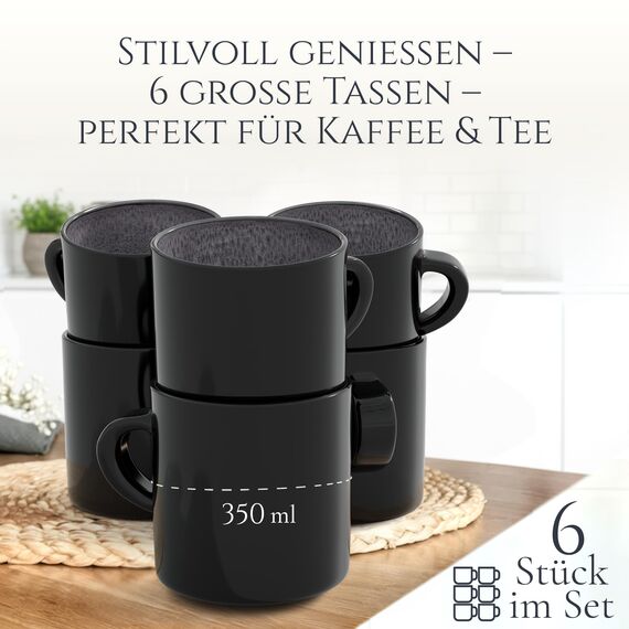 Steingut kleine Kaffeetassen 6 Pers. Ibiza Hochwertiges Mediterranes TEST SEHR GUT Tassen Set, Spülmaschinen-, Mikrowellen- und Kratzfest - Stylisches Tee- und Kaffeebecher Set - Pure Living in Grau