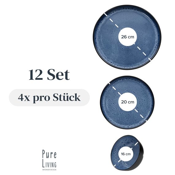 Steingut Geschirrset 4 Personen Ibiza 12 tlg. TESTSIEGER, Traumhaftes Mediterranes Steingut Geschirr Set, Schüssel- und Teller Set, Tafelservice 4 Personen, Geschirrsets Pure Living in Tiefblau