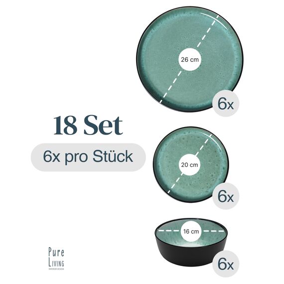 Steingut Geschirrset 6 Personen Ibiza 18 tlg. TESTSIEGER, Traumhaftes Mediterranes Steingut Geschirr Set, Schüssel- und Teller Set, Tafelservice 6 Personen, Geschirrsets Pure Living in Salbeigrün