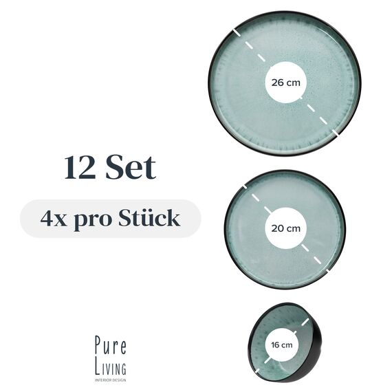 Steingut Geschirrset 4 Personen Ibiza 12 tlg. TESTSIEGER, Traumhaftes Mediterranes Steingut Geschirr Set, Schüssel- und Teller Set, Tafelservice 4 Personen, Geschirrsets Pure Living in Salbeigrün