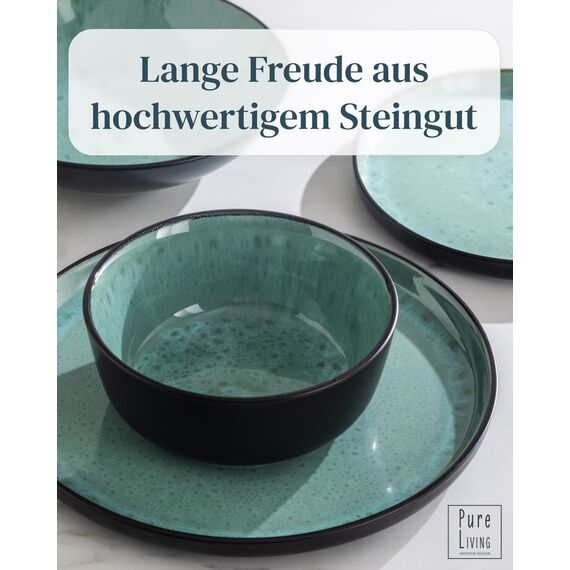 Steingut Geschirrset 6 Personen Ibiza 18 tlg. TESTSIEGER, Traumhaftes Mediterranes Steingut Geschirr Set, Schüssel- und Teller Set, Tafelservice 6 Personen, Geschirrsets Pure Living in Salbeigrün