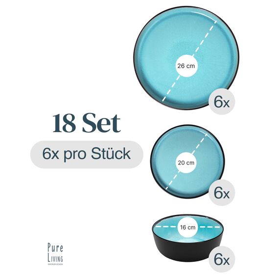 Steingut Geschirrset 6 Personen Ibiza 18 tlg. TESTSIEGER, Traumhaftes Mediterranes Steingut Geschirr Set, Schüssel- und Teller Set, Tafelservice 6 Personen, Geschirrsets Pure Living in Aquamarin