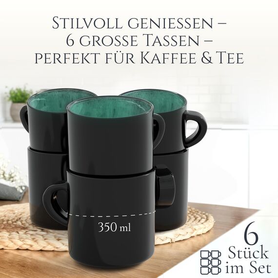 Steingut kleine Tassen 6 Pers. Ibiza Hochwertiges Mediterranes TEST SEHR GUT Tassen Set, Spülmaschinen-, Mikrowellen- und Kratzfest - Stylisches Tee- und Kaffeebecher Set - Pure Living in Meeresgrün