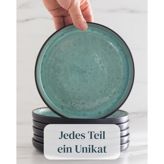 Steingut Geschirrset 4 Personen Ibiza 12 tlg. TESTSIEGER, Traumhaftes Mediterranes Steingut Geschirr Set, Schüssel- und Teller Set, Tafelservice 4 Personen, Geschirrsets Pure Living in Salbeigrün