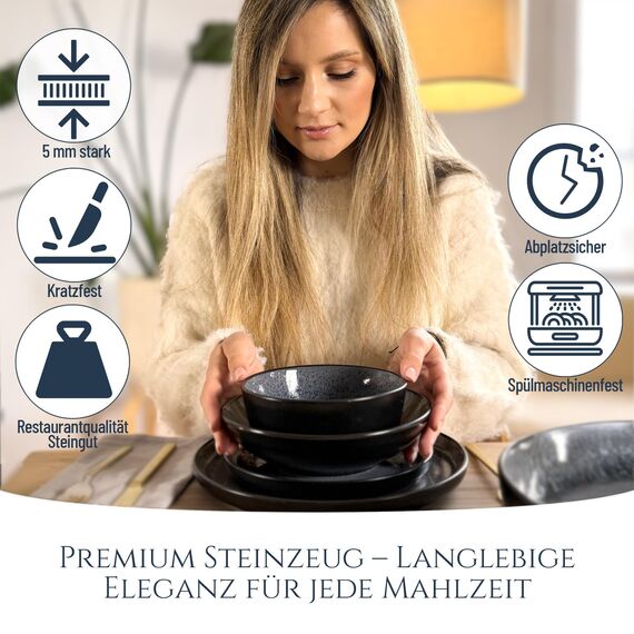 Steingut Geschirrset 6 Personen Ibiza 24 tlg. TESTSIEGER, Traumhaftes Mediterranes Steingut Geschirr Set, Schüssel- und Teller Set, Tafelservice 6 Personen, Geschirrsets Pure Living in Grau