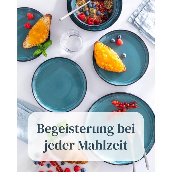 Steingut Geschirrset 12 Personen Ibiza 36 tlg. TESTSIEGER, Traumhaftes Mediterranes Steingut Geschirr Set, Schüssel- und Teller Set, Tafelservice 12 Personen, Geschirrsets Pure Living in Petrol