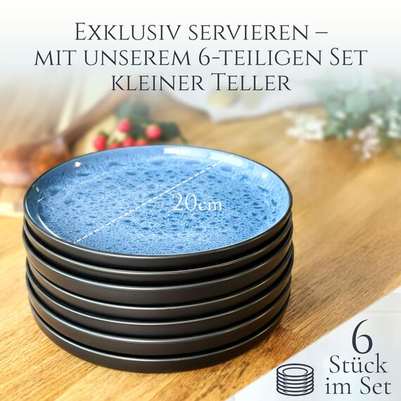 Steingut Frühstücksteller 6 Personen Ibiza TESTSIEGER, Traumhaftes Mediterranes Steingut Dessertteller Set, Kleine Teller, Salatteller - Pure Living in Tiefblau