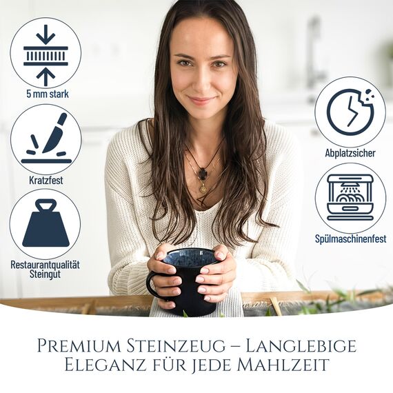 Steingut kleine Tassen 6 Pers. Ibiza Hochwertiges Mediterranes TEST SEHR GUT Tassen Set, Spülmaschinen-, Mikrowellen- und Kratzfest - Stylisches Tee- und Kaffeebecher Set - Pure Living in Rauchblau