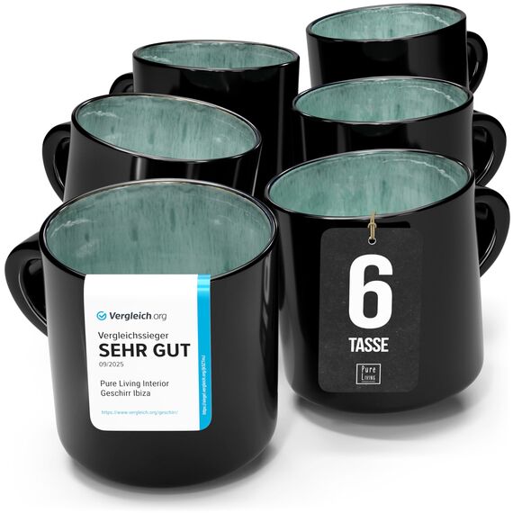 Steingut kleine Tassen 6 Pers. Ibiza Hochwertiges Mediterranes TEST SEHR GUT Tassen Set, Spülmaschinen-, Mikrowellen- und Kratzfest - Stylisches Tee- und Kaffeebecher Set - Pure Living in Meeresgrün