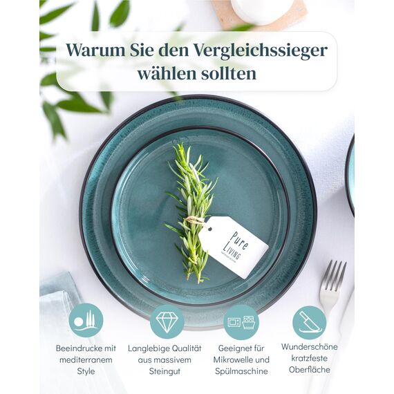 Steingut Frühstücksteller 6 Personen Ibiza TESTSIEGER, Traumhaftes Mediterranes Steingut Dessertteller Set, Kleine Teller, Salatteller - Pure Living in Petrol