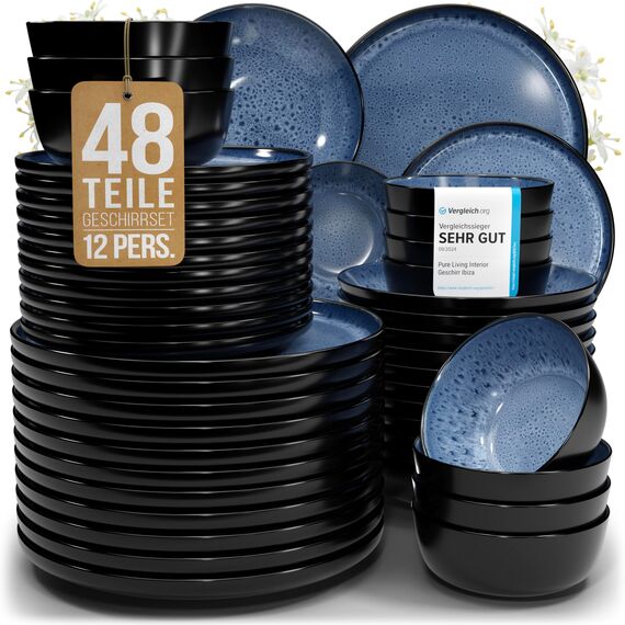 Steingut Geschirrset 12 Personen Ibiza 48 tlg., Traumhaftes Mediterranes Steingut Geschirr Set, Schüssel- und Teller Set, Tafelservice 12 Personen, Geschirrsets Pure Living in Tiefblau
