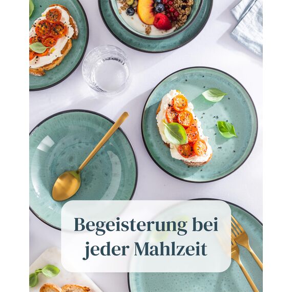 Steingut Geschirrset 4 Personen Ibiza 12 tlg. TESTSIEGER, Traumhaftes Mediterranes Steingut Geschirr Set, Schüssel- und Teller Set, Tafelservice 4 Personen, Geschirrsets Pure Living in Salbeigrün
