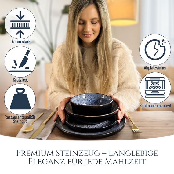 Steingut Geschirrset 12 Pers. Ibiza 48-tlg Hochwertiges Mediterranes Steingut Geschirr Set - Schüssel- und Teller Set - Tafelservice 12 Personen Geschirrsets Pure Living in Graublau