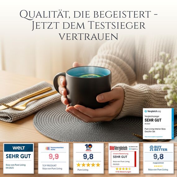 Steingut kleine Tassen 6 Pers. Ibiza Hochwertiges Mediterranes TEST SEHR GUT Tassen Set, Spülmaschinen-, Mikrowellen- und Kratzfest - Stylisches Tee- und Kaffeebecher Set - Pure Living in Aquamarin