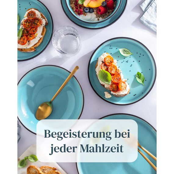 Steingut Suppenteller 6 Pers. Ibiza Hochwertiges Mediterranes TEST SEHR GUT Steingut Tiefe Teller Set - Kratzfest, Für Spülmaschine, Mikrowelle - Pasta Teller Tief Groß - Pure Living in Aquamarin