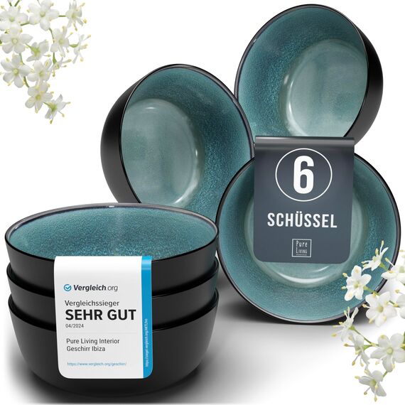 Steingut Müslischalen 6 Personen Ibiza TESTSIEGER, Traumhaftes Mediterranes Steingut Müsli Schüssel Set, Kleine Schüssel, Müslischale - Pure Living in Petrol