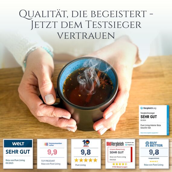 Steingut kleine Tassen 6 Pers. Ibiza Hochwertiges Mediterranes TEST SEHR GUT Tassen Set, Spülmaschinen-, Mikrowellen- und Kratzfest - Stylisches Tee- und Kaffeebecher Set - Pure Living in Tiefblau