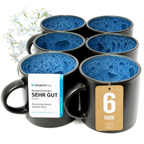 Steingut kleine Tassen 6 Pers. Ibiza Hochwertiges Mediterranes TEST SEHR GUT Tassen Set, Spülmaschinen-, Mikrowellen- und Kratzfest - Stylisches Tee- und Kaffeebecher Set - Pure Living in Tiefblau