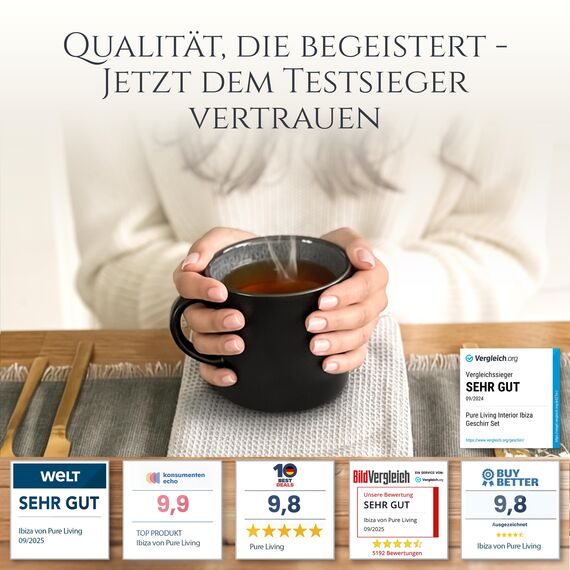 Steingut kleine Kaffeetassen 6 Pers. Ibiza Hochwertiges Mediterranes TEST SEHR GUT Tassen Set, Spülmaschinen-, Mikrowellen- und Kratzfest - Stylisches Tee- und Kaffeebecher Set - Pure Living in Grau
