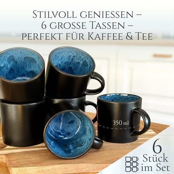 Steingut kleine Tassen 6 Pers. Ibiza Hochwertiges Mediterranes TEST SEHR GUT Tassen Set, Spülmaschinen-, Mikrowellen- und Kratzfest - Stylisches Tee- und Kaffeebecher Set - Pure Living in Tiefblau