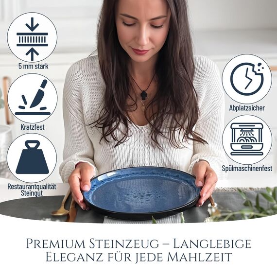 Steingut Teller Groß 6 Personen Ibiza TESTSIEGER, Traumhaftes Mediterranes Steingut Speiseteller Set, Stylisches Essteller Set, Pure Living in Tiefblau