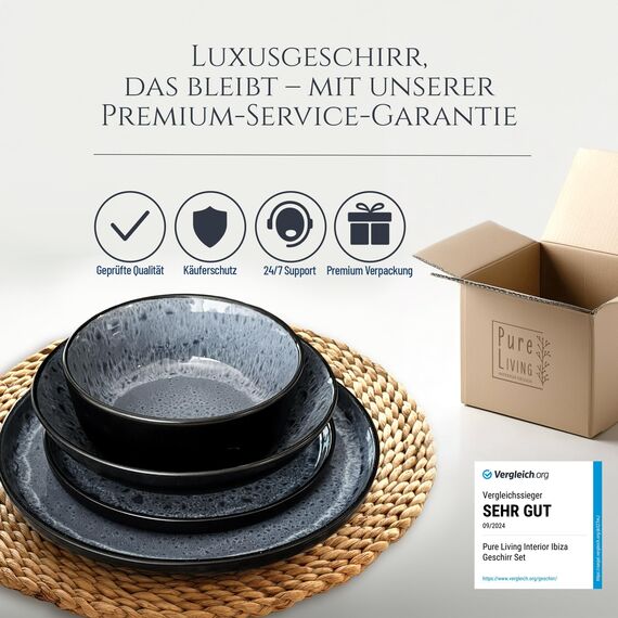 Steingut Geschirrset 6 Personen Ibiza 24 tlg. TESTSIEGER, Traumhaftes Mediterranes Steingut Geschirr Set, Schüssel- und Teller Set, Tafelservice 6 Personen, Geschirrsets Pure Living in Grau