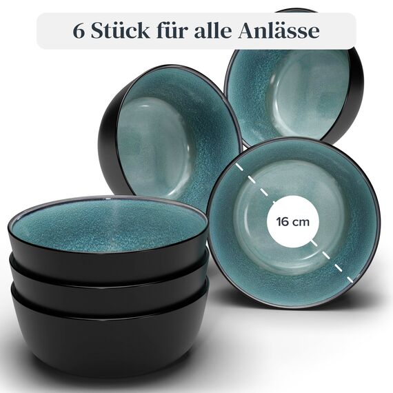 Steingut Müslischalen 6 Personen Ibiza TESTSIEGER, Traumhaftes Mediterranes Steingut Müsli Schüssel Set, Kleine Schüssel, Müslischale - Pure Living in Petrol